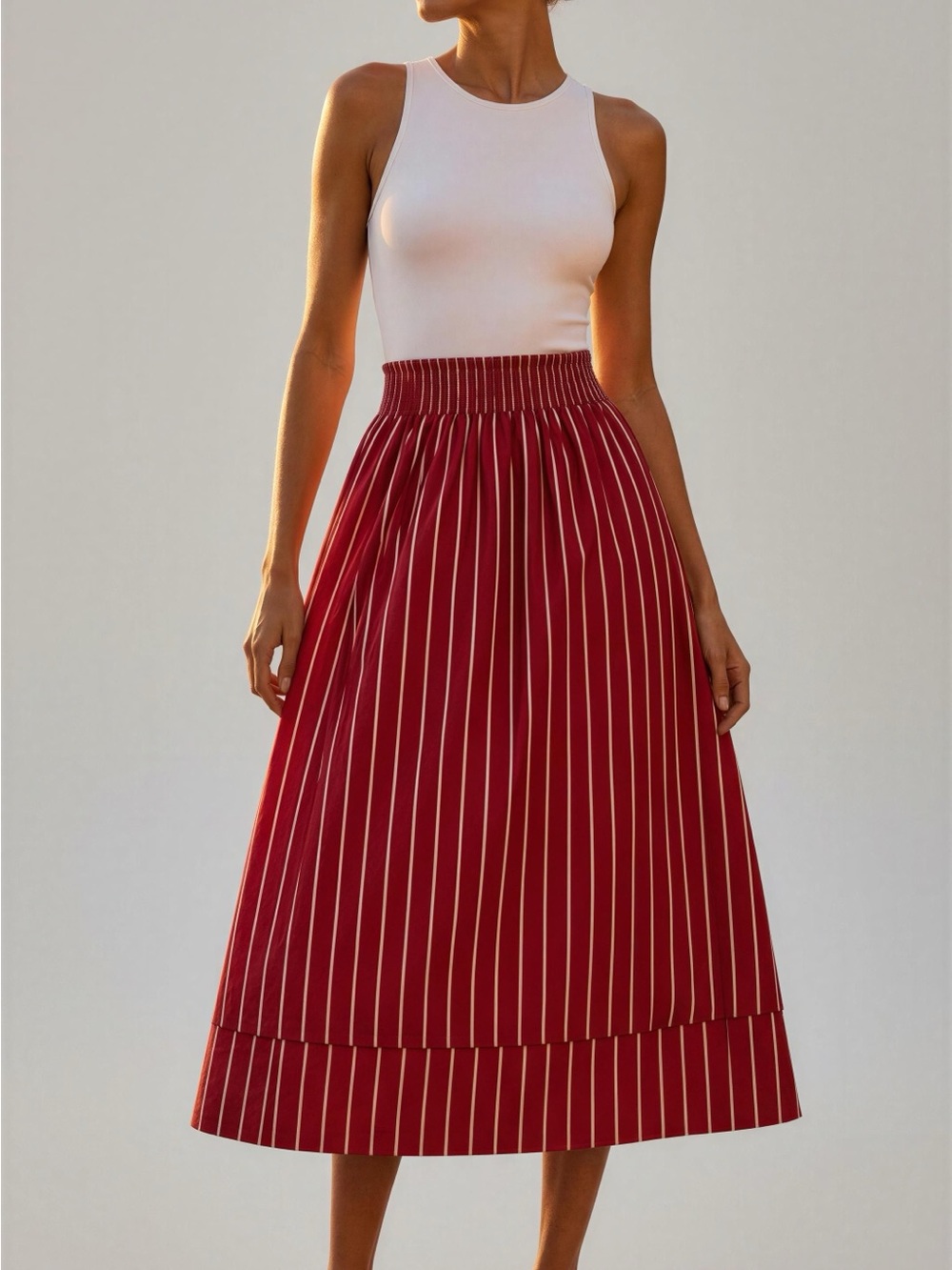 Laura Ashley Red and White Vertical-Striped Midi Skirt